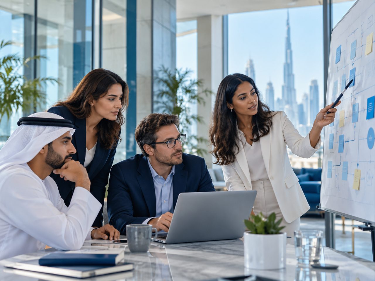 Team reviewing an AI workflow in a modern office